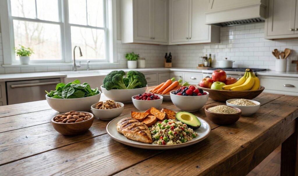 Grilled chicken, quinoa salad, sweet potato, avocado, vegetables, nuts and fruit on a kitchen island