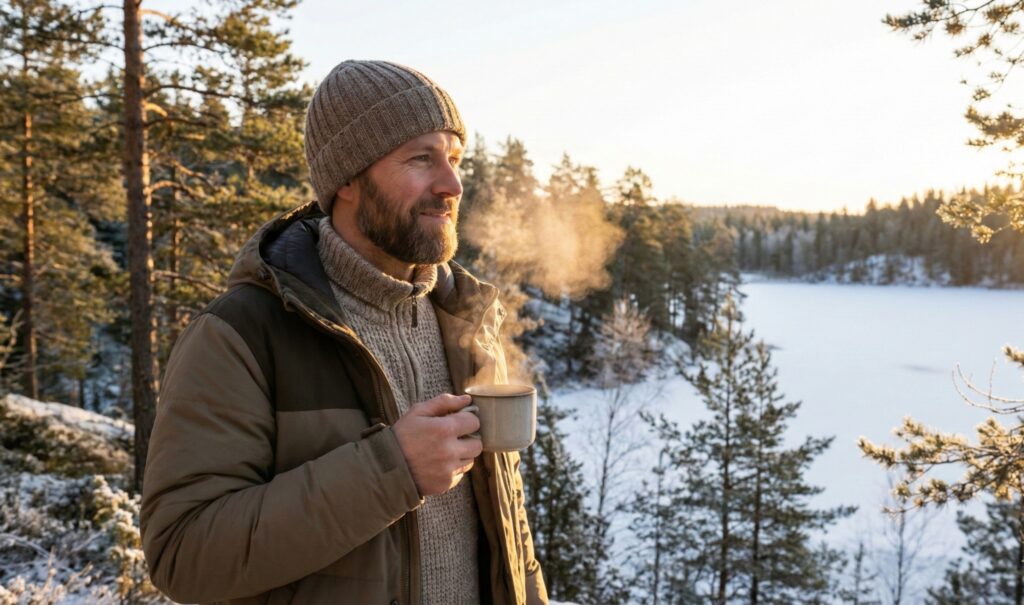 man drinking warm tea outdoors immune health