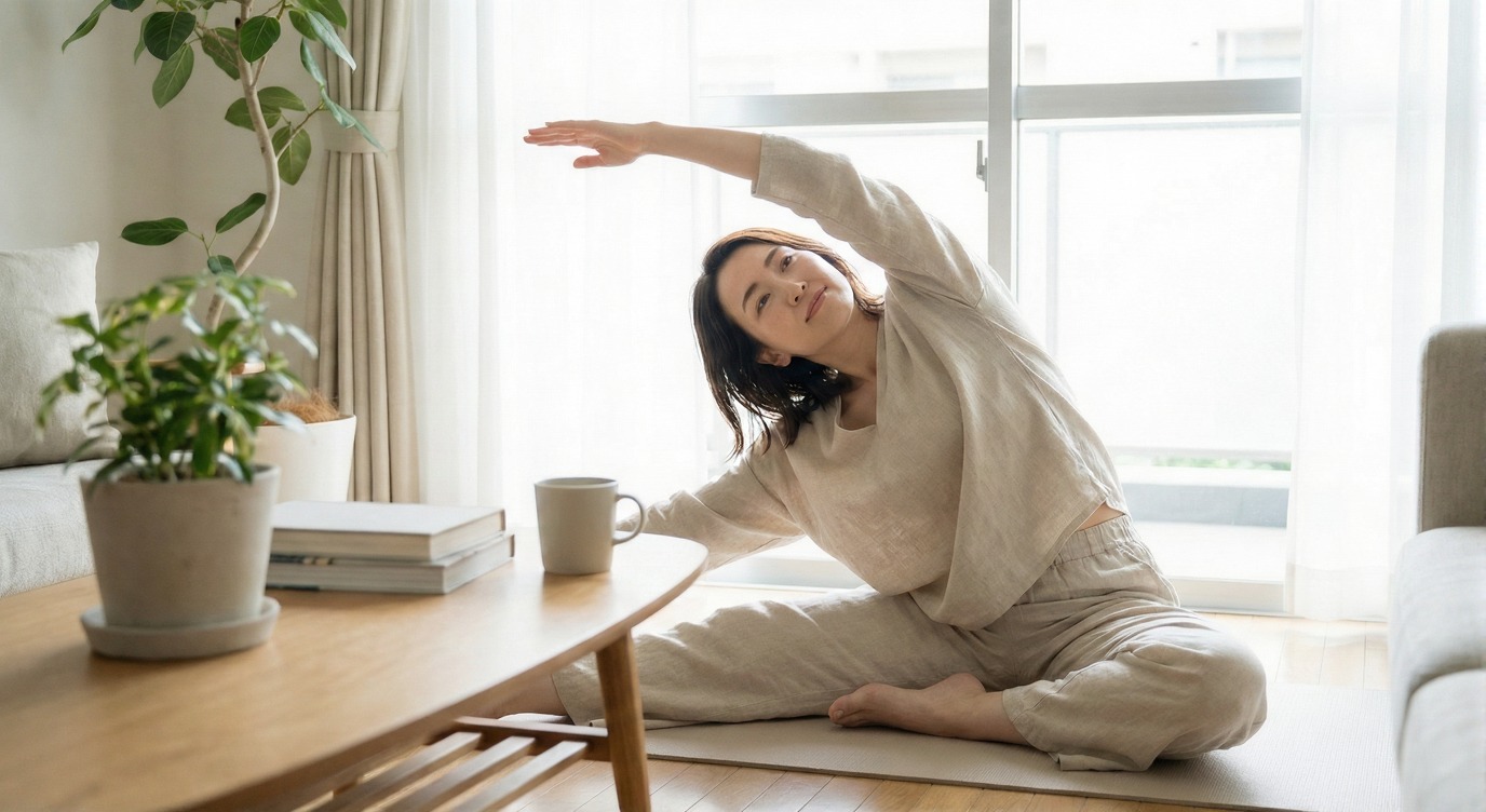 woman doing gentle morning stretch indoors