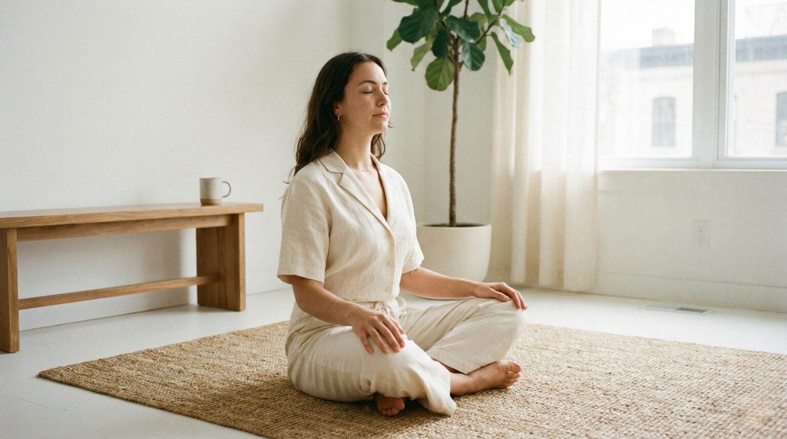 woman practicing calm breathing meditation indoors