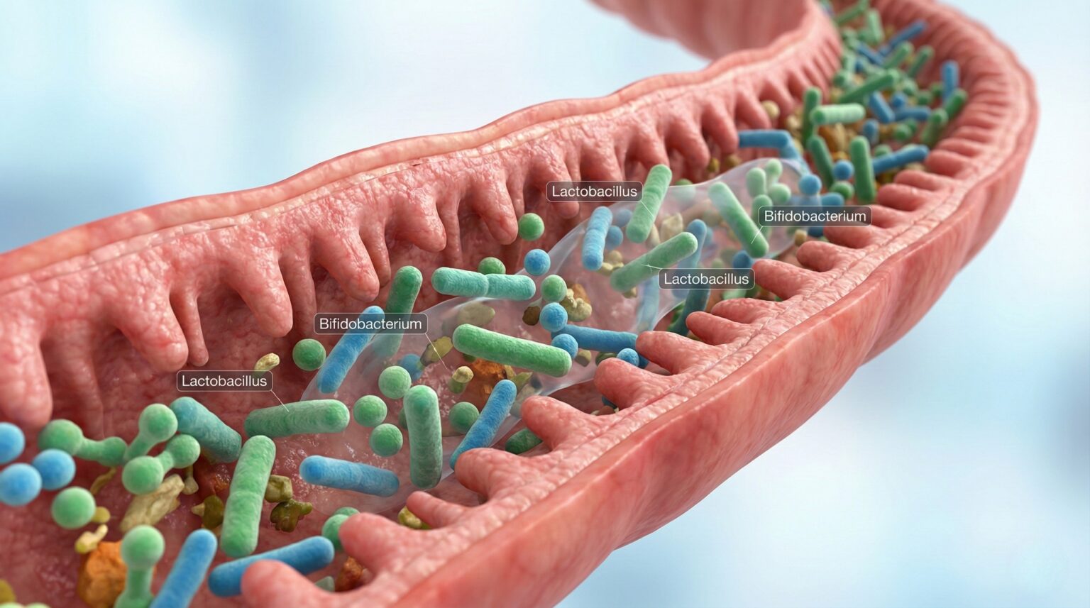 3D illustration of the inside of the intestine showing bacteria