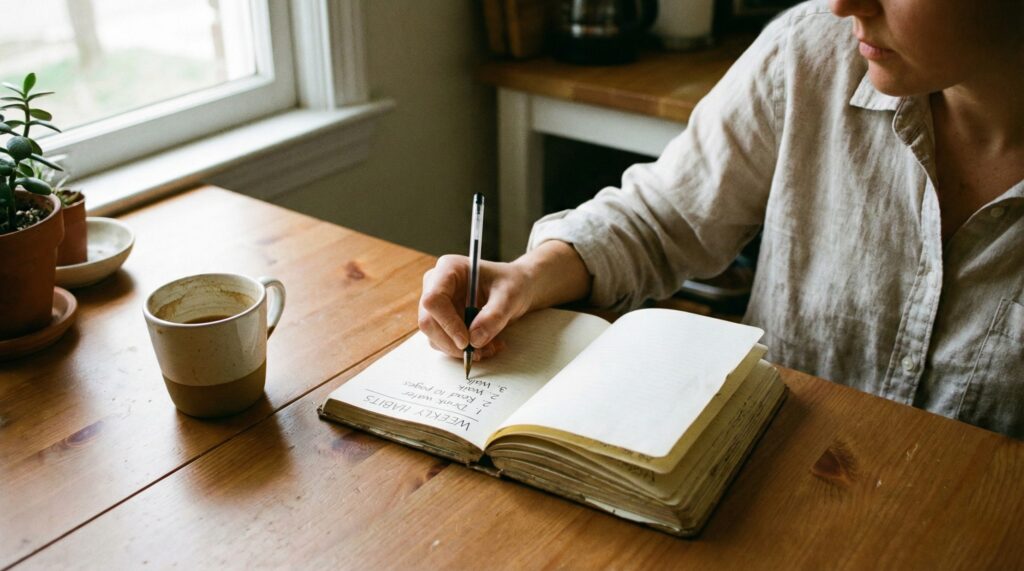 An open notebook with a handwritten list, a pen, a mug, and a coffee maker on a table