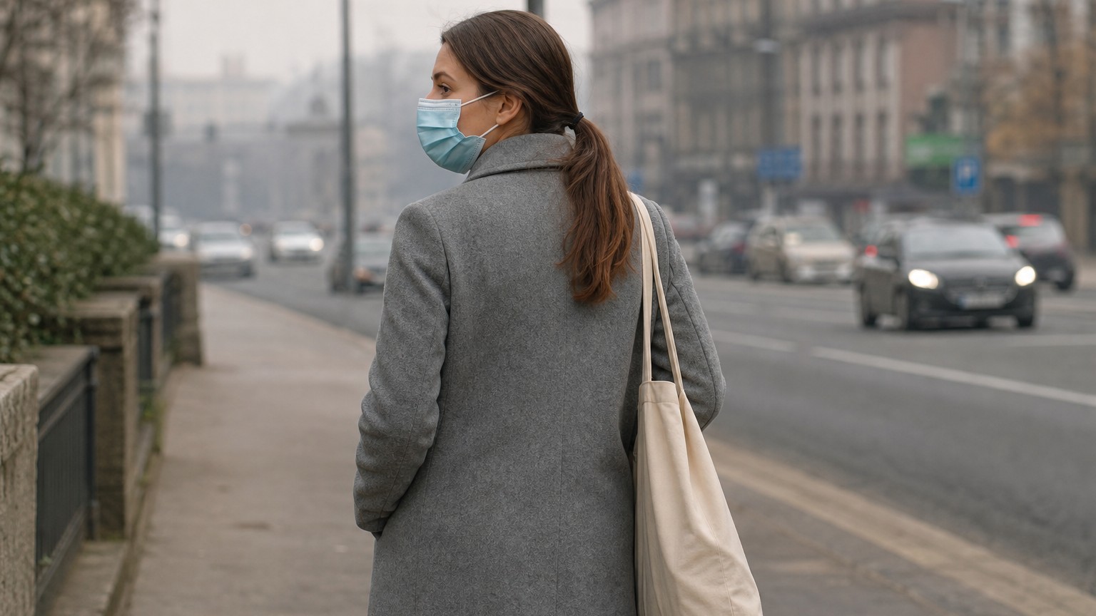 A woman wearing a light-blue face mask and grey coat walking on a city footpath on a hazy overcast day.
