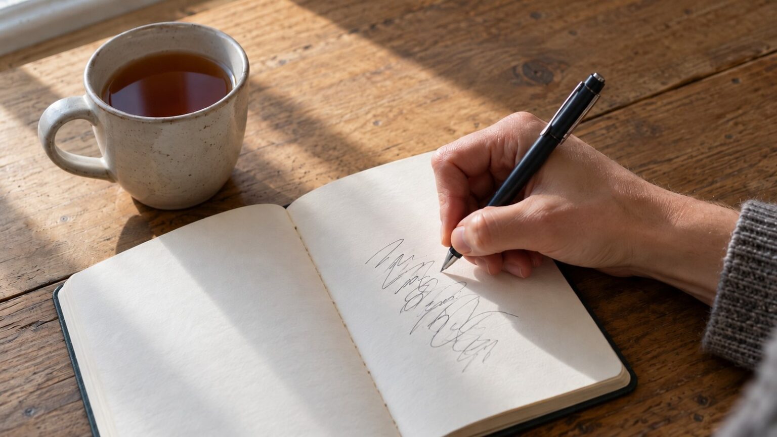 A hand writing short pen scribbles in an open notebook on a wooden kitchen table beside a ceramic mug of tea in morning light.