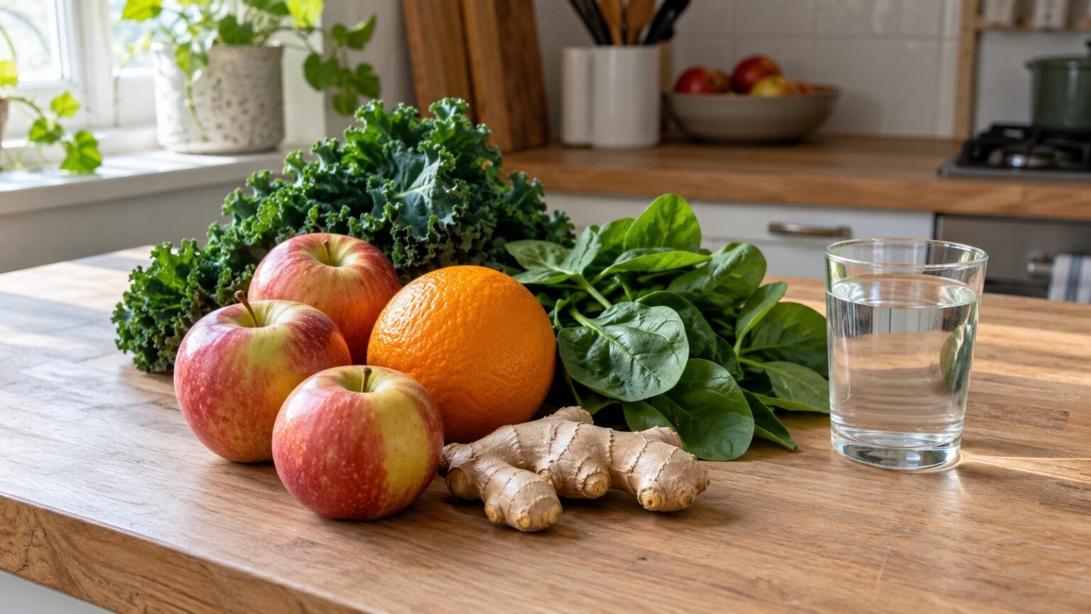 Apples, an orange, ginger, kale and spinach on a wooden kitchen counter beside a glass of water in natural window light