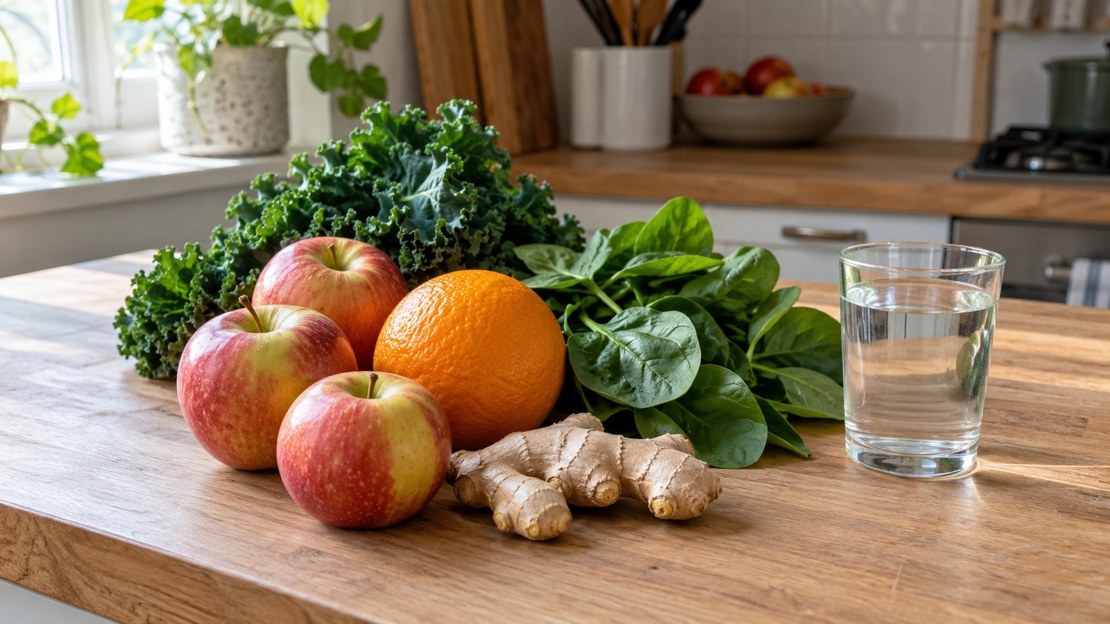 Apples, an orange, ginger, kale and spinach on a wooden kitchen counter beside a glass of water in natural window light