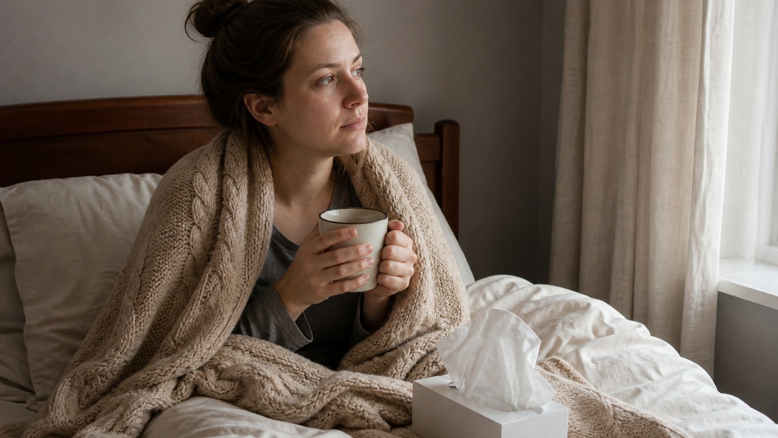A woman sitting up in bed wrapped in a knitted blanket, holding a mug beside a tissue box in soft morning light