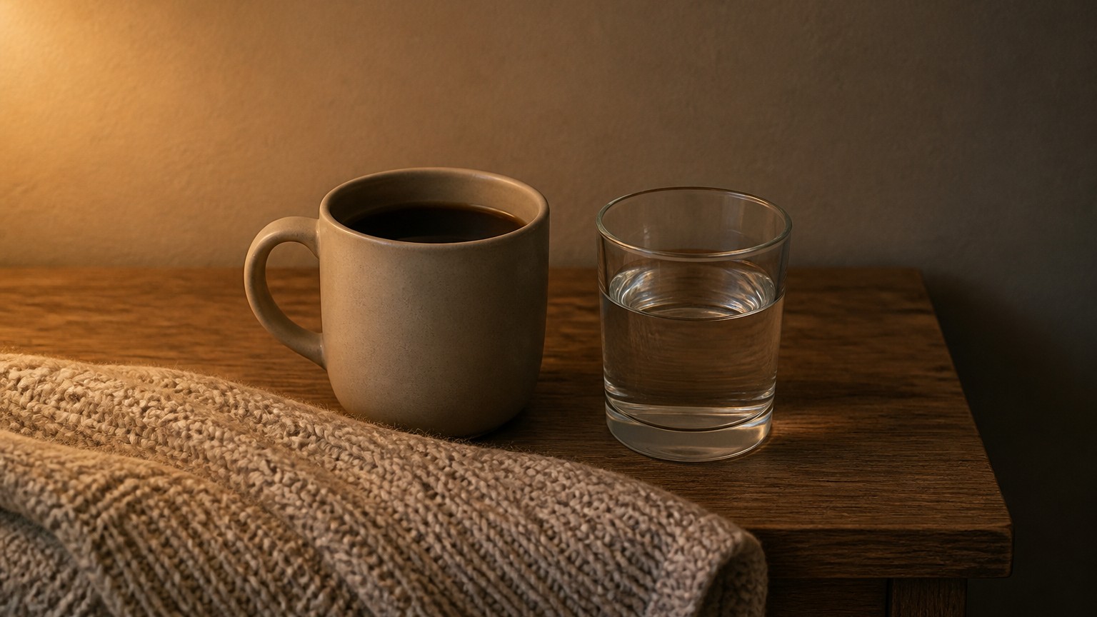 A ceramic mug and a glass of water on a wooden side table beside a folded knitted blanket in warm lamplight.