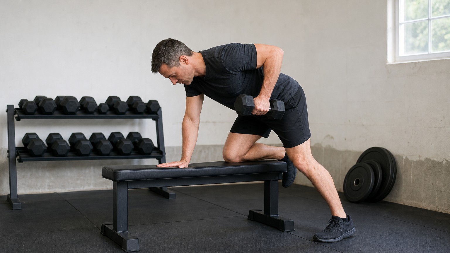 A man performing a one-arm dumbbell row on a bench in a plain gym with dumbbells and weight plates behind him.