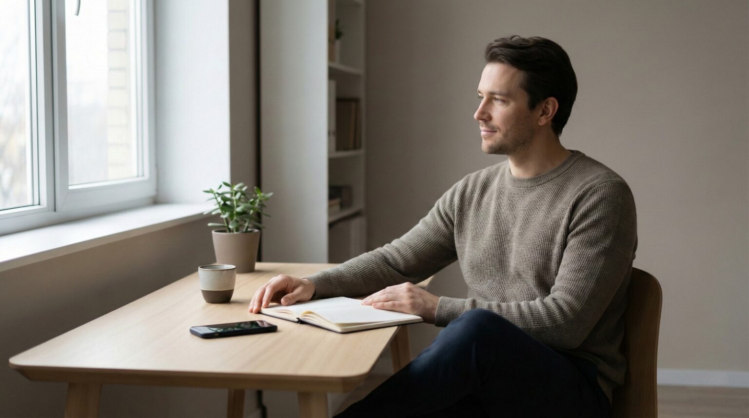 A man sits at a table beside a window with a phone and an open notebook in front of him.
