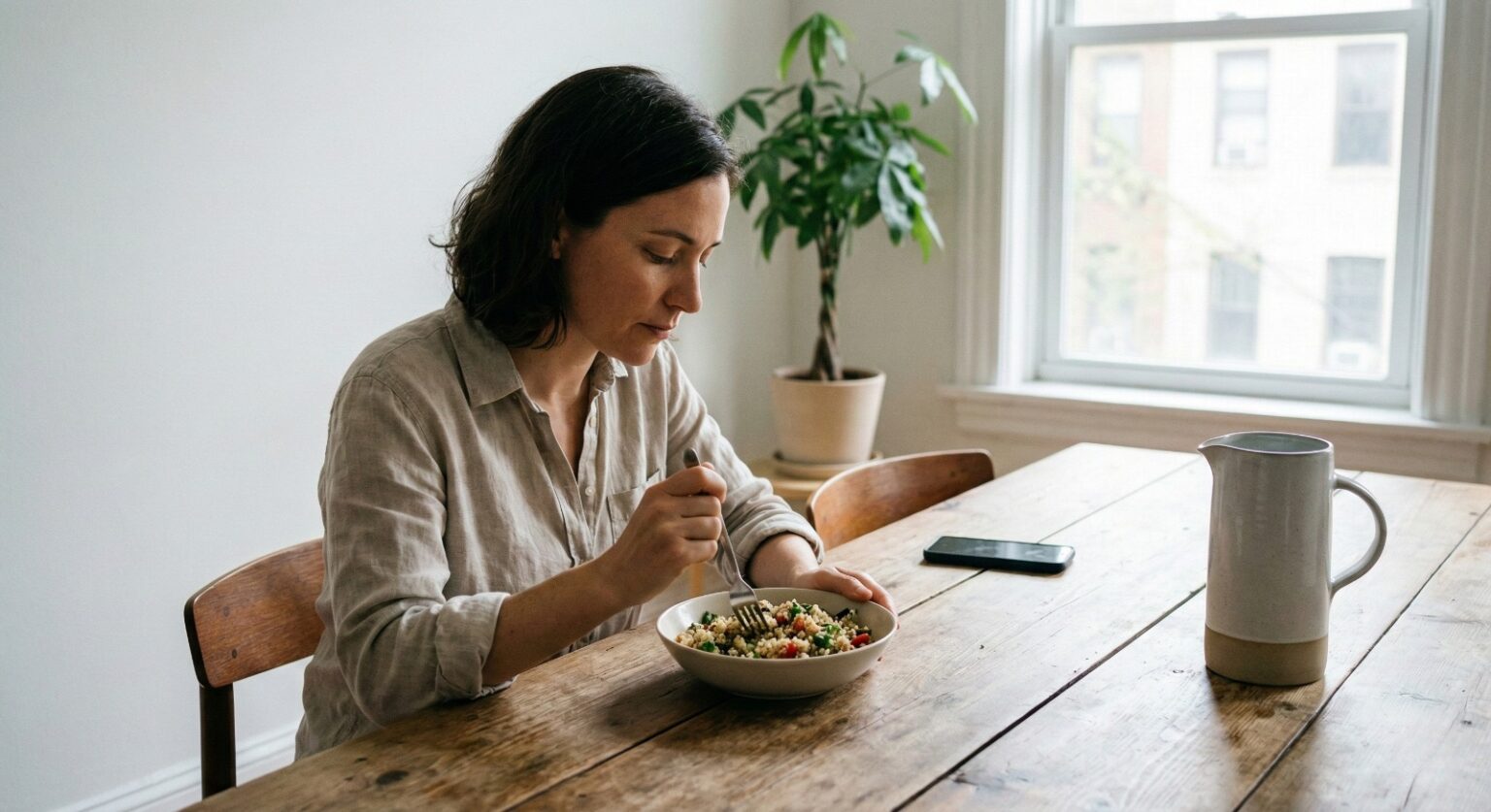 woman eating meal without phone for mindful digestion