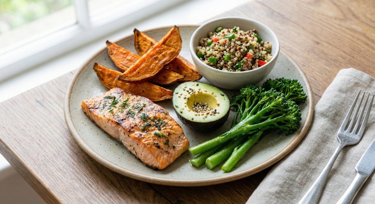 balanced healthy meal plate for energy and digestion