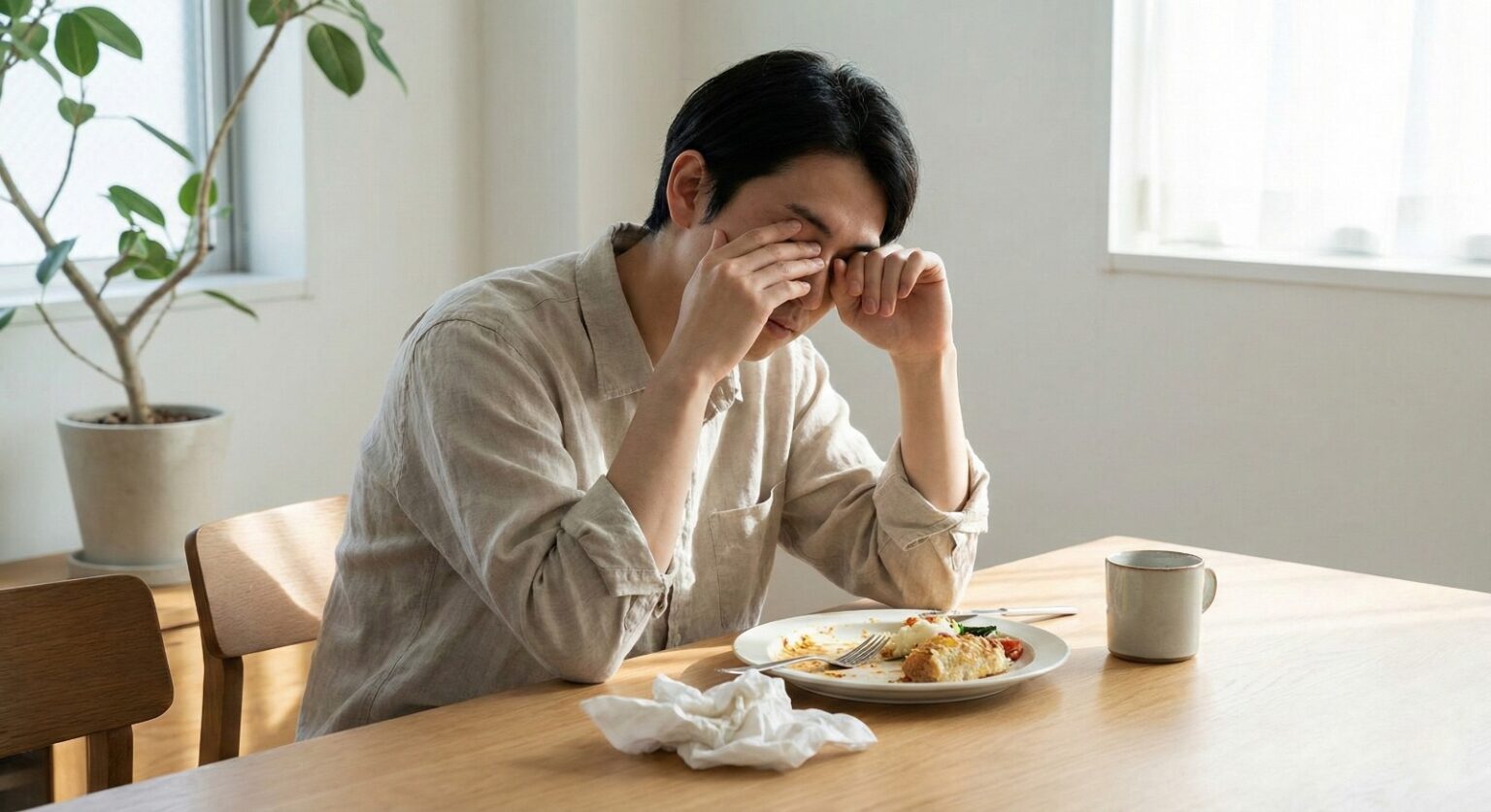 woman feeling tired after meal digestion