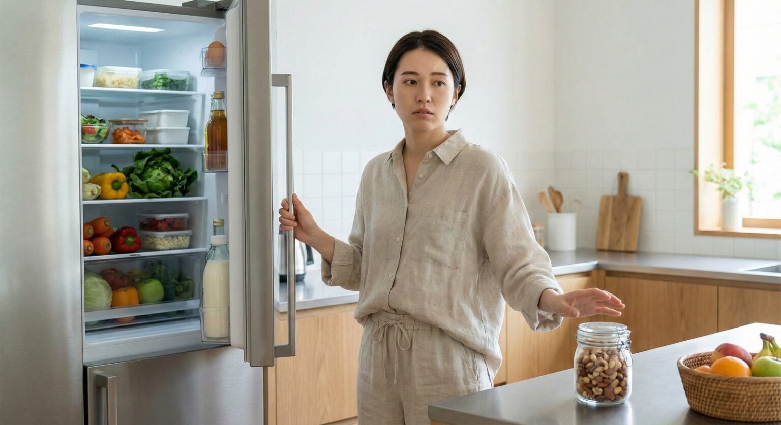 woman checking fridge due to digestion imbalance