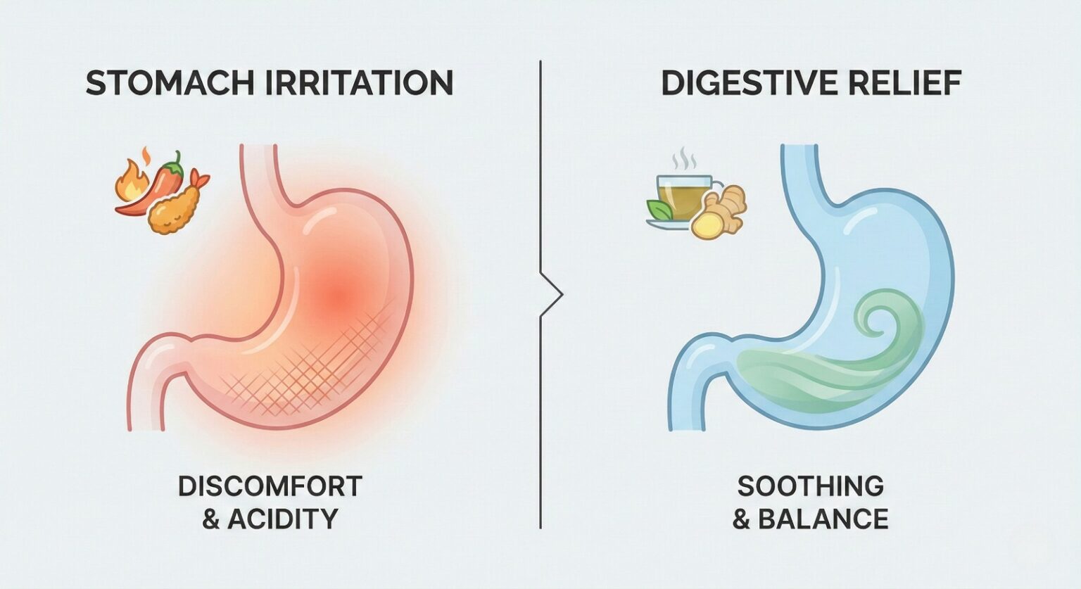 stomach irritation vs digestive relief illustration