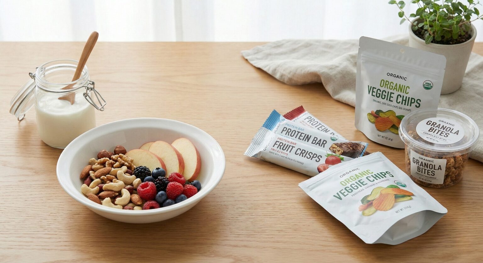 healthy snack options with nuts and fruit