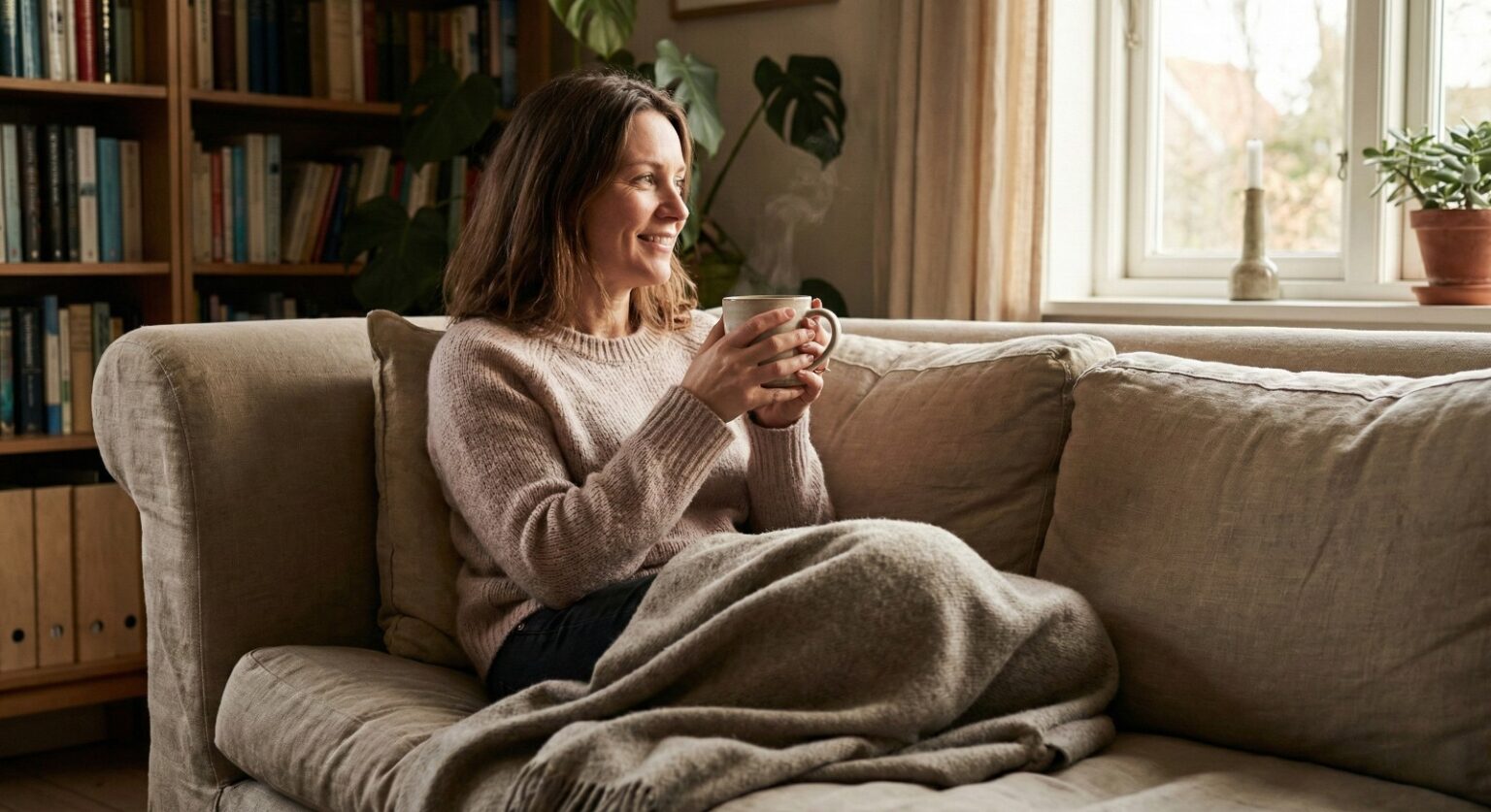 woman resting with warm drink for home remedy