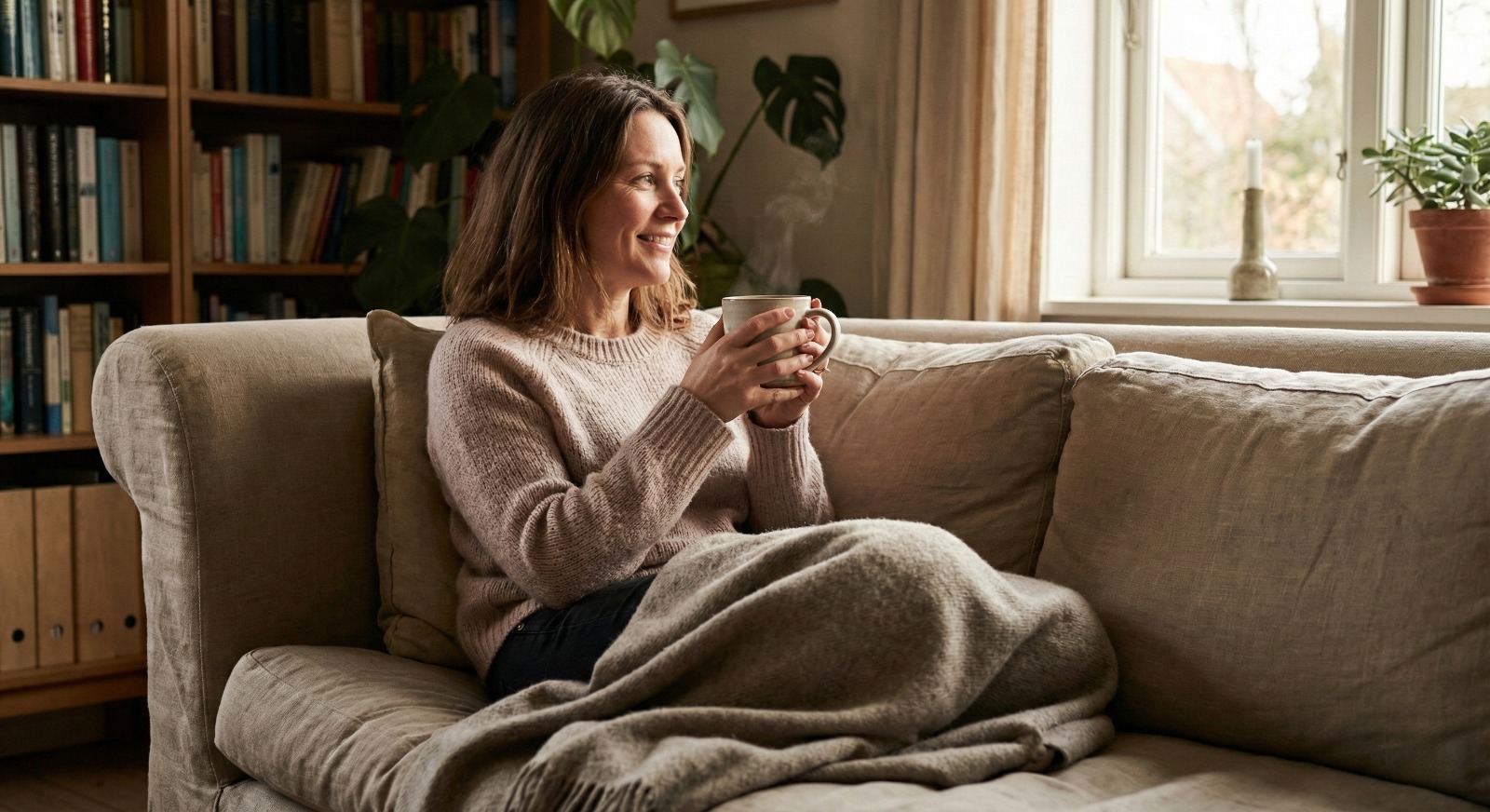 woman resting with warm drink for home remedy