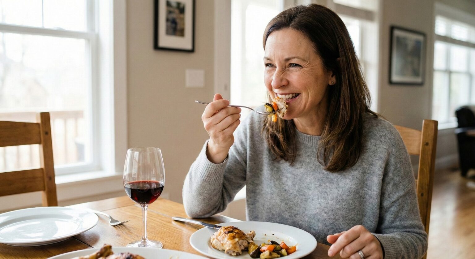 woman enjoying balanced meal with mindful eating