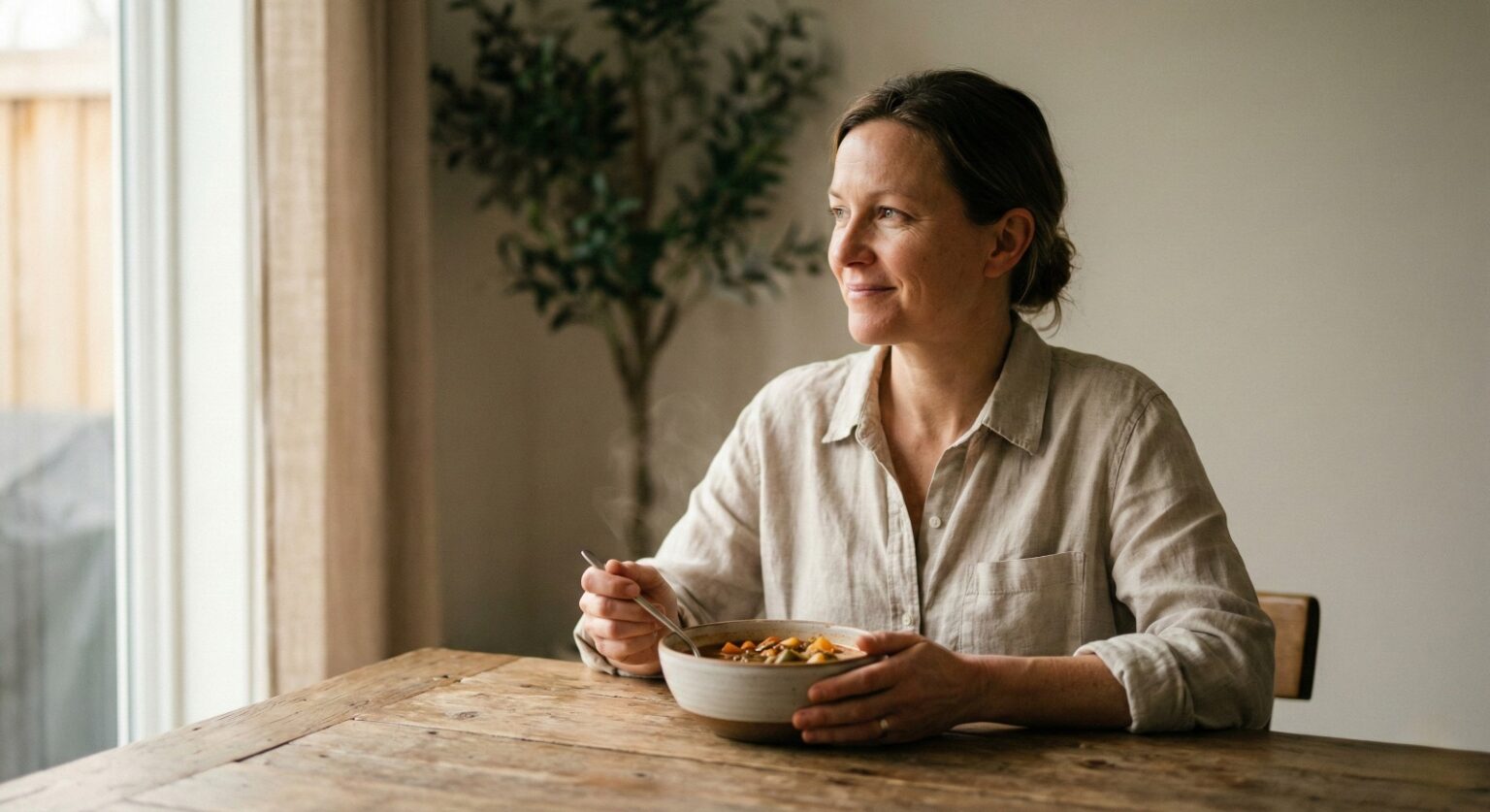 woman eating calmly to support aging digestion