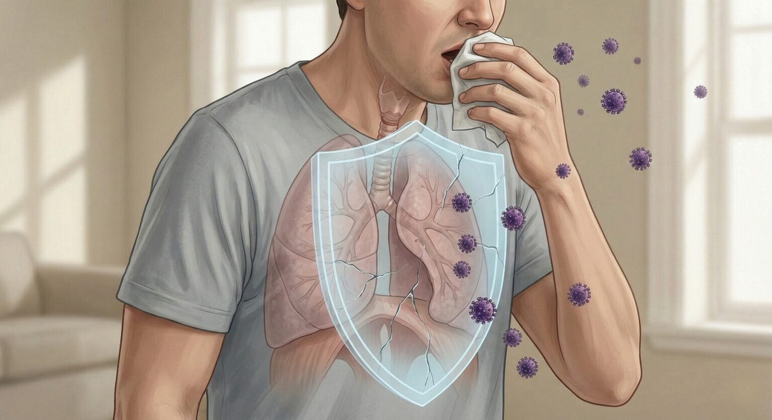 person coughing with highlighted lungs