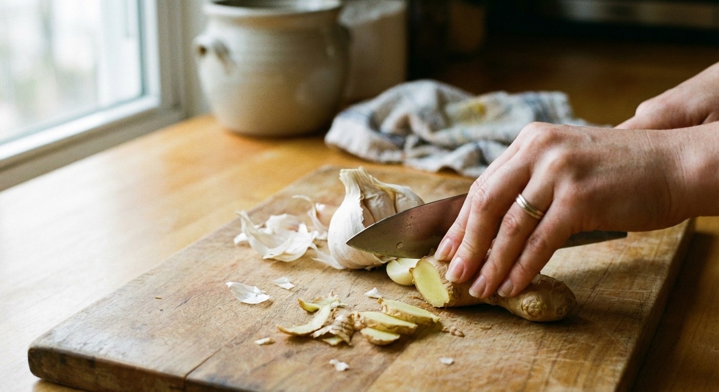 slicing fresh ginger root