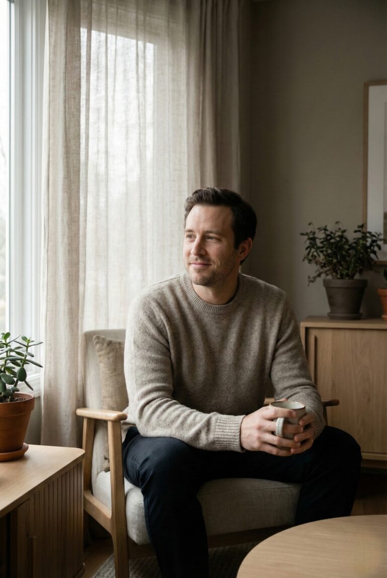 Man sitting quietly, reflecting on his mental health