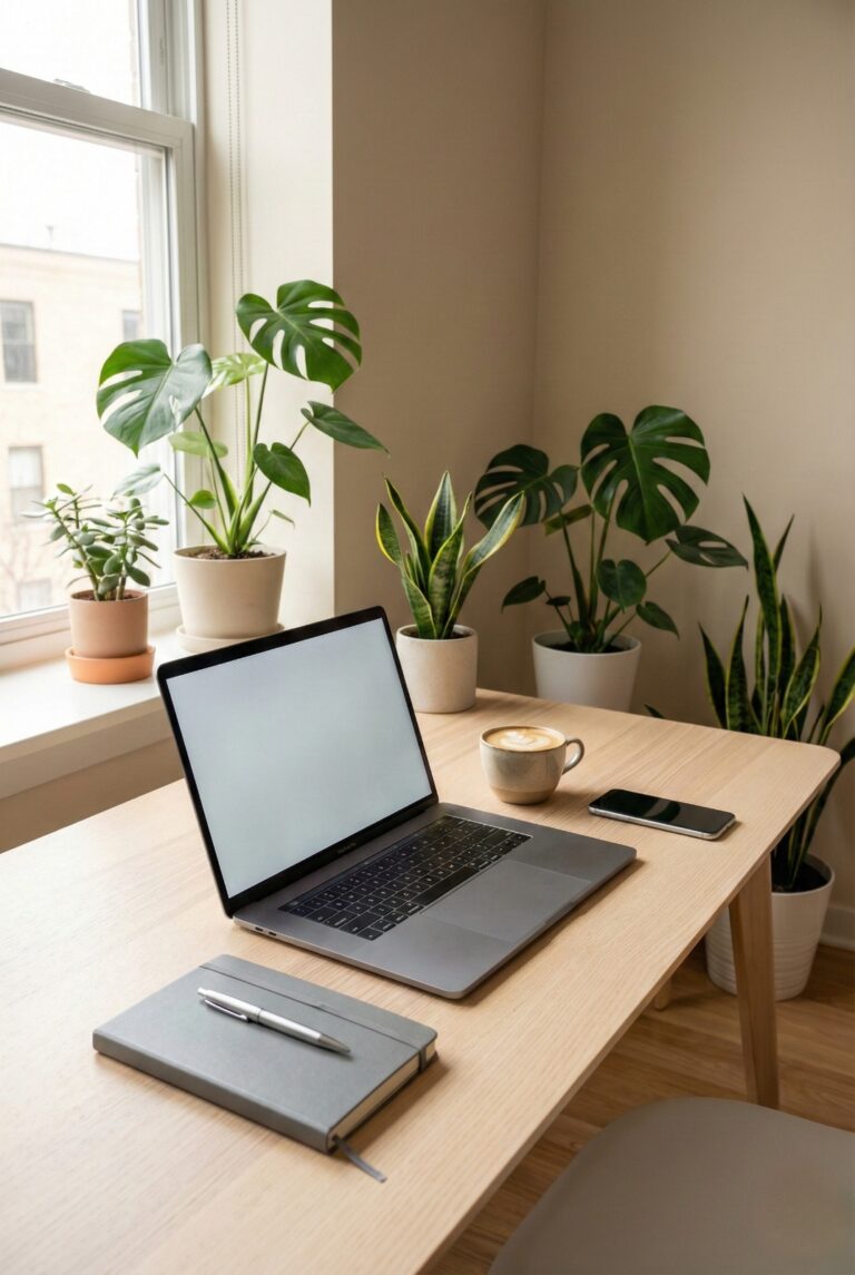 Laptop and phone on a desk with plants