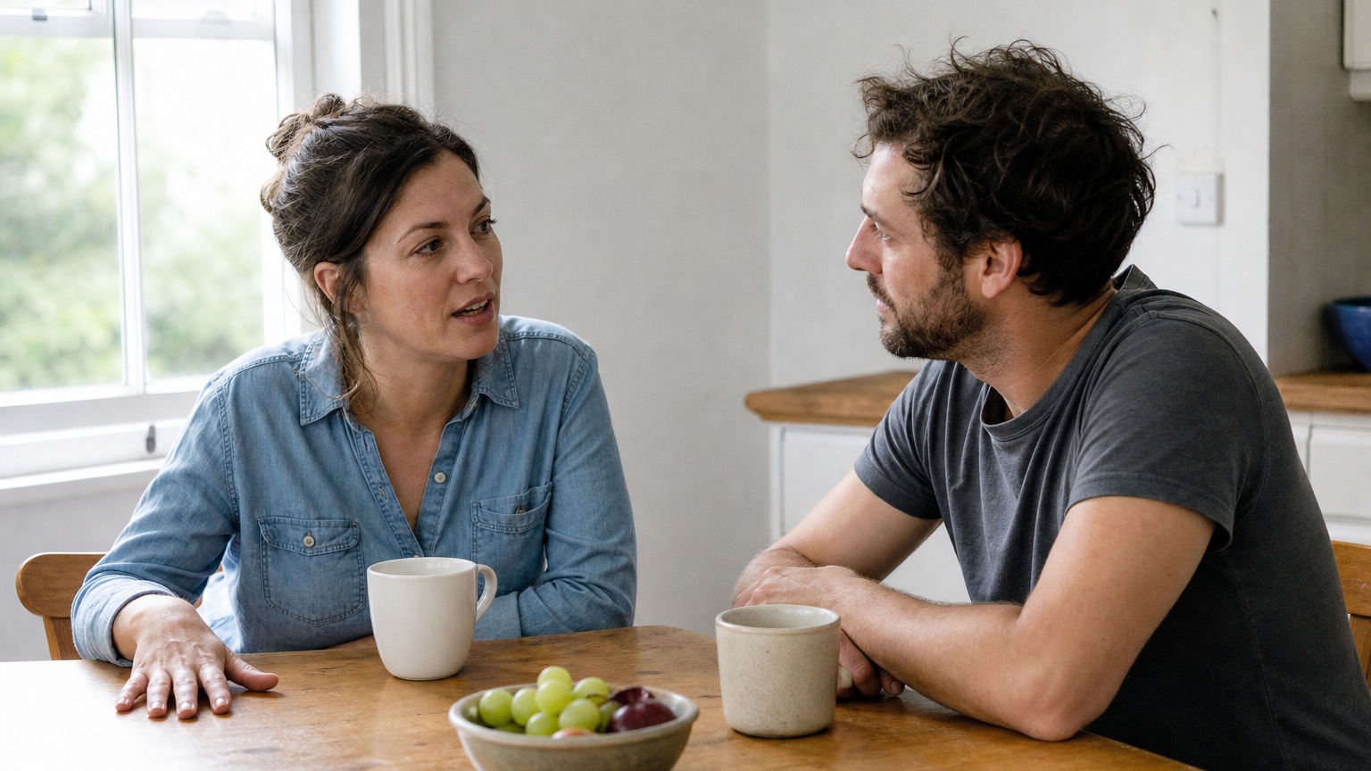 A man and woman having a calm conversation at a sunlit wooden kitchen table with two mugs between them.
