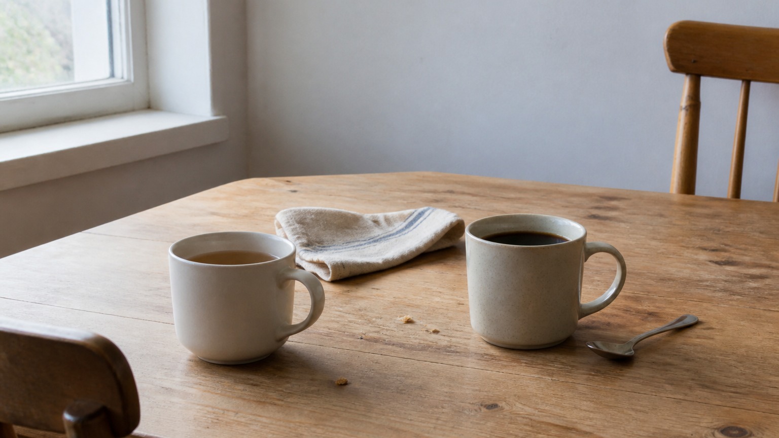Two ceramic mugs on a bright wooden kitchen table with a folded napkin and teaspoon in soft window light.