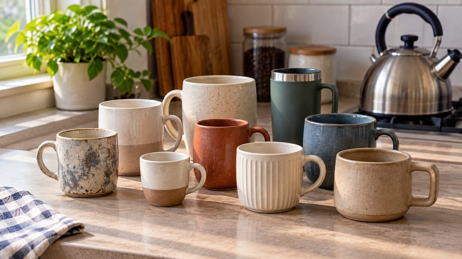 Nine different everyday mugs gathered together on a kitchen counter.