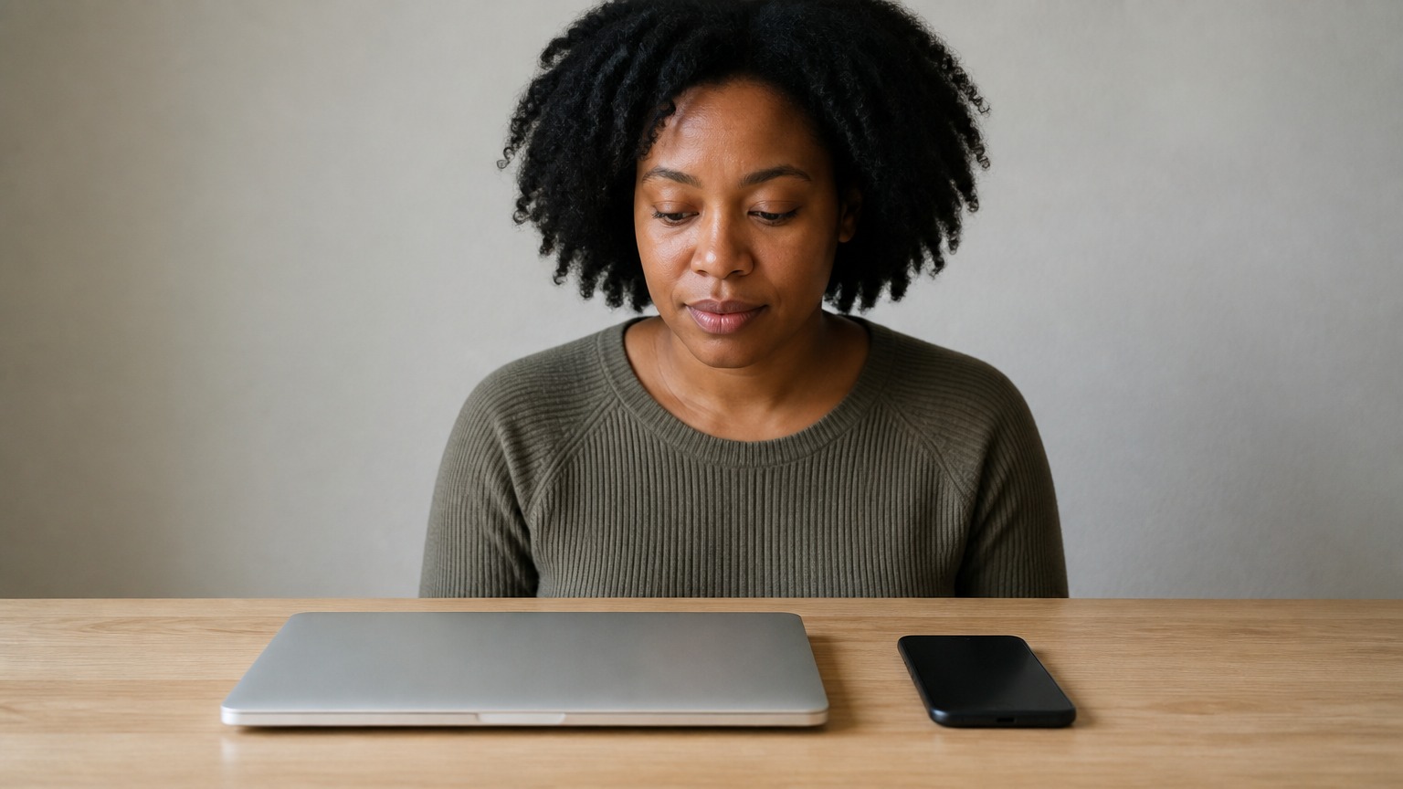 A woman sits behind a wooden desk with a closed laptop and a phone in front of her.