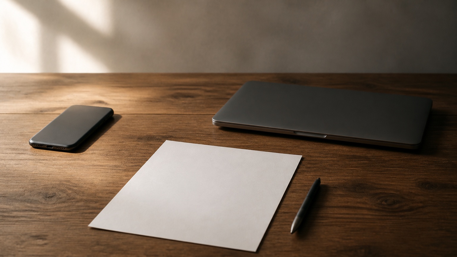 A smartphone, closed laptop, blank sheet of paper and pen sit on a wooden table in daylight.