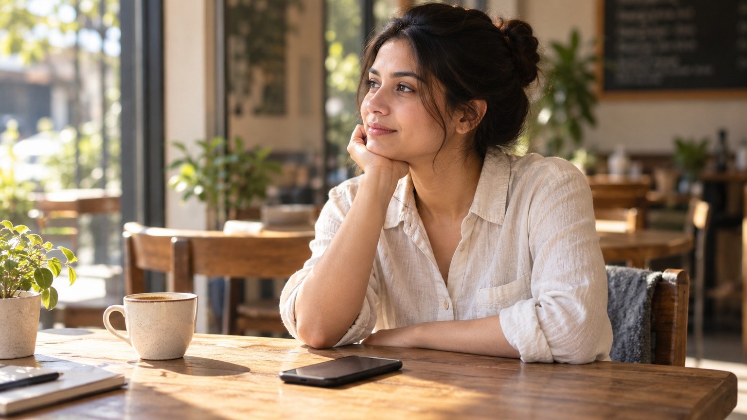 A woman sits at a café table with a phone in front of her, looking away in daylight.