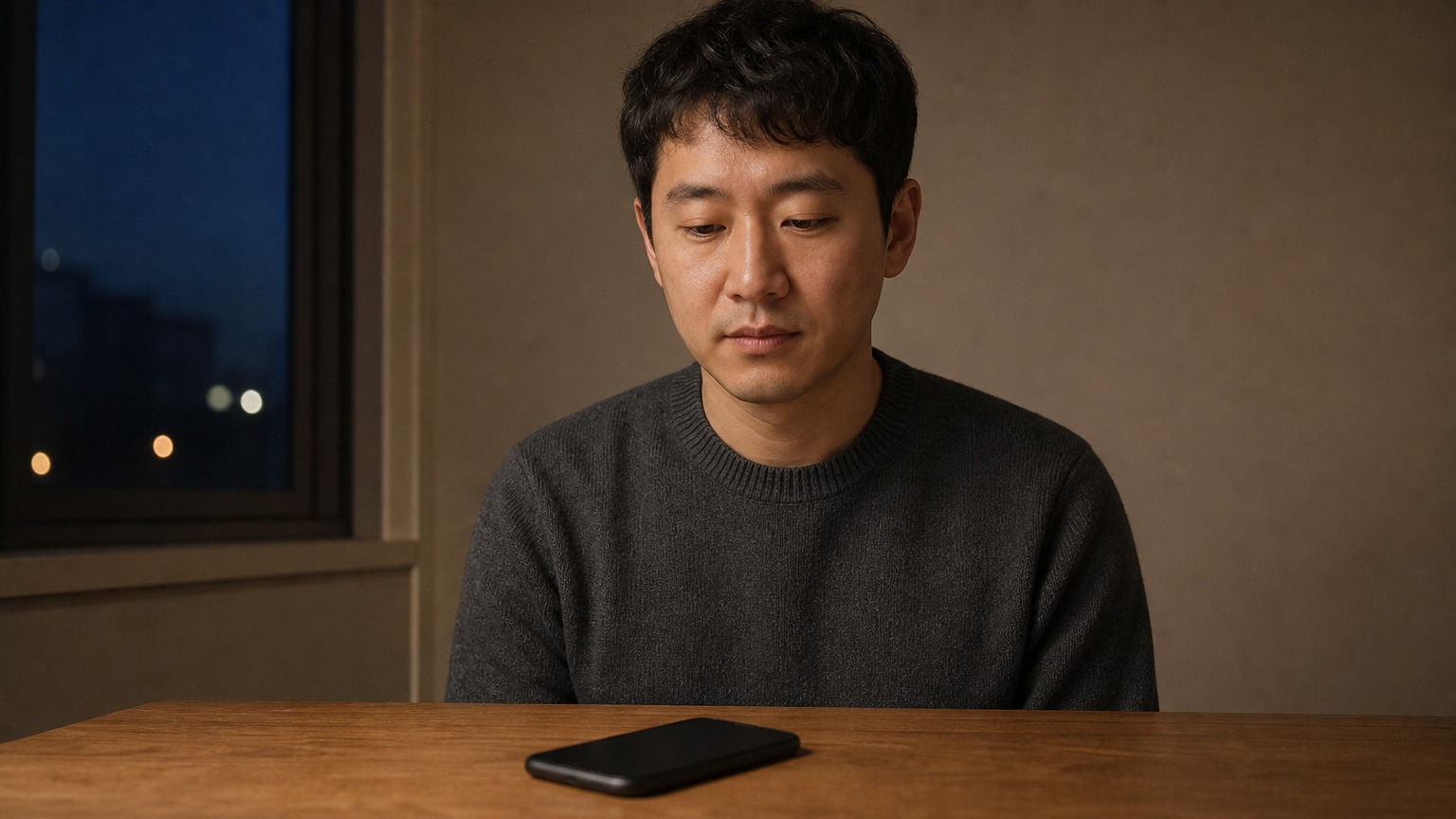 A man sits at a wooden table looking down at a phone in front of him in the evening.
