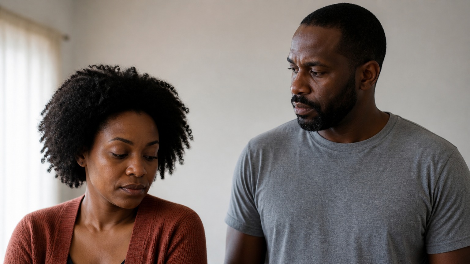 A woman sits with her head lowered while a man stands nearby looking at her in soft daylight.