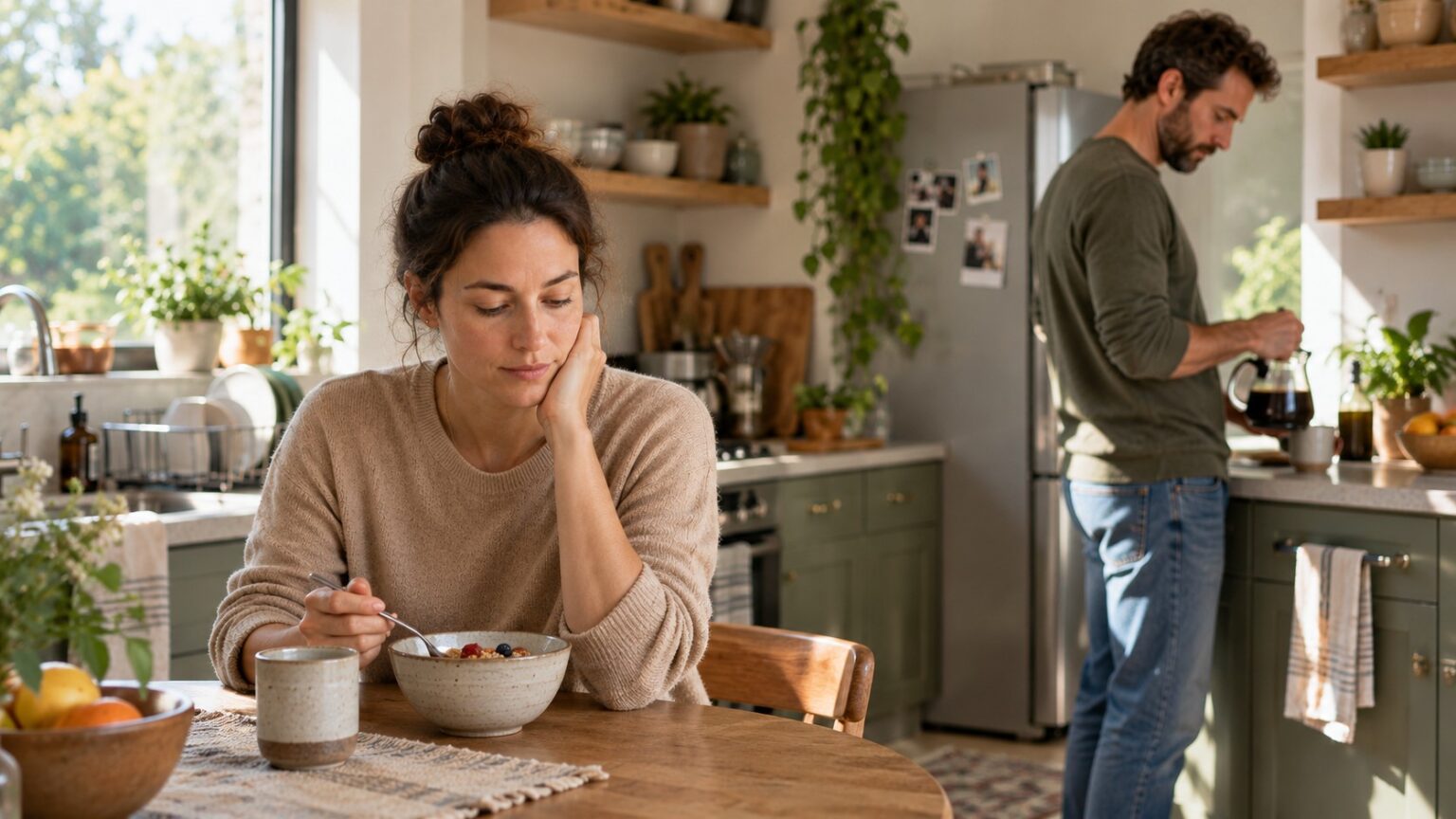 A man and woman share a bright kitchen during an ordinary morning, physically together but quietly absorbed in separate moments.