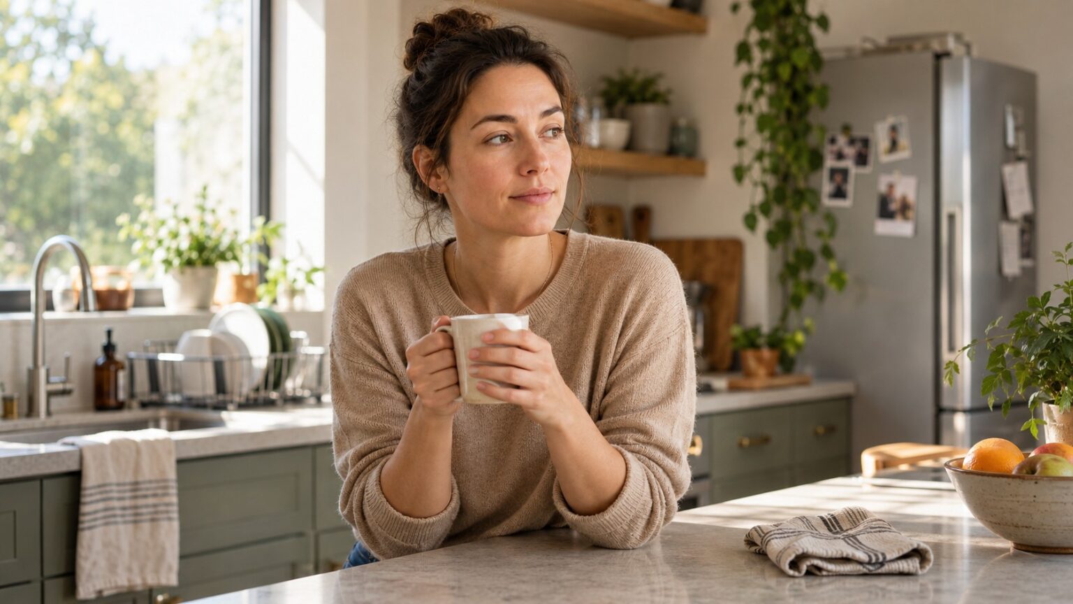 A woman in her early thirties pauses in a bright lived-in kitchen during an ordinary morning.