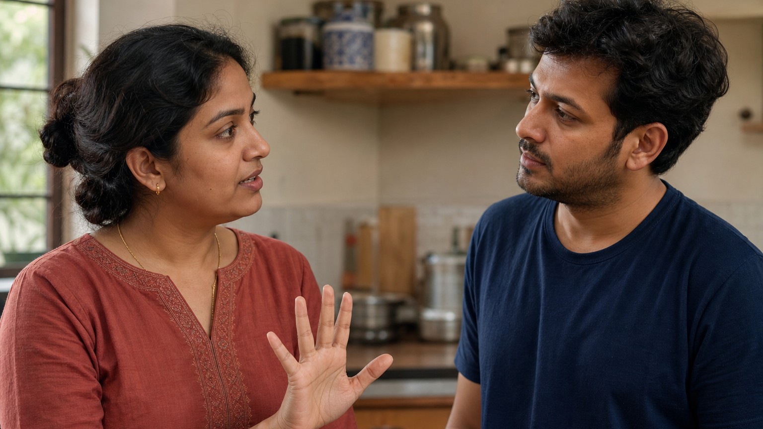 A woman gestures while speaking to a man who listens attentively in a lived-in kitchen with natural daylight.