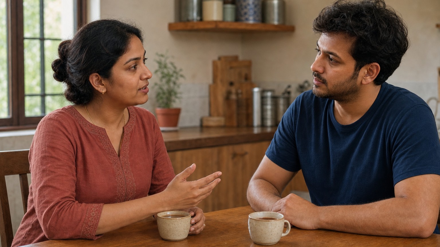 A woman and a man sit apart at a wooden table while she speaks and he listens with a guarded, attentive expression in natural daylight.