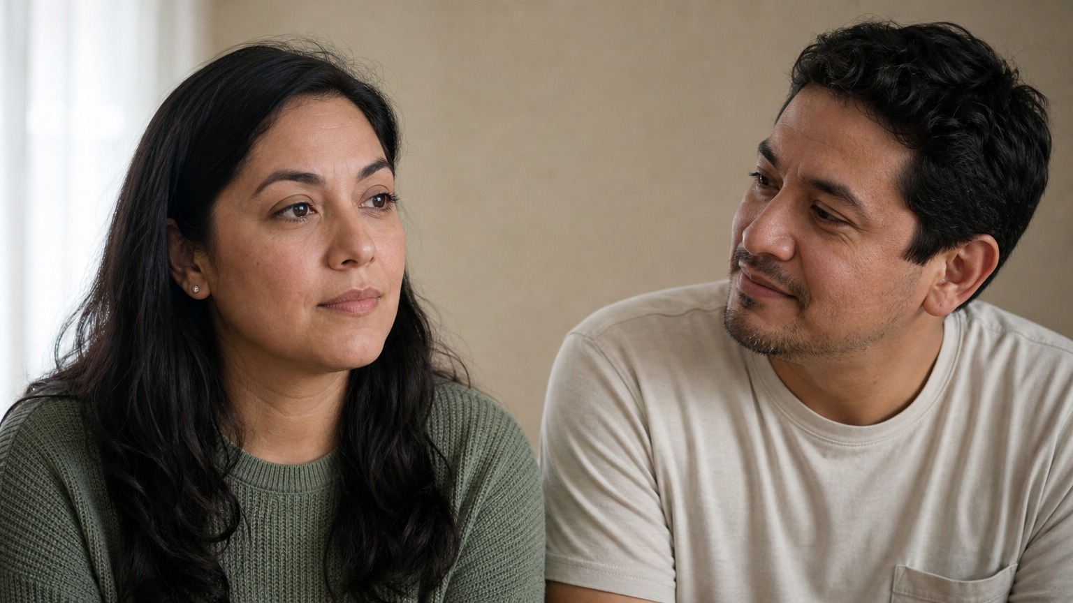 A man looks toward a woman sitting beside him as she looks ahead in soft daylight.