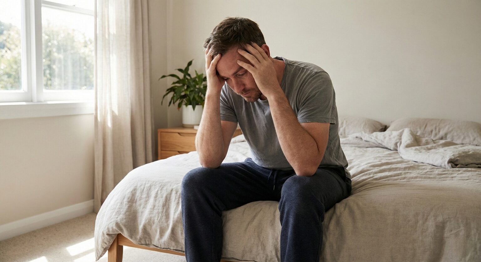 tired man sitting on bed fatigue