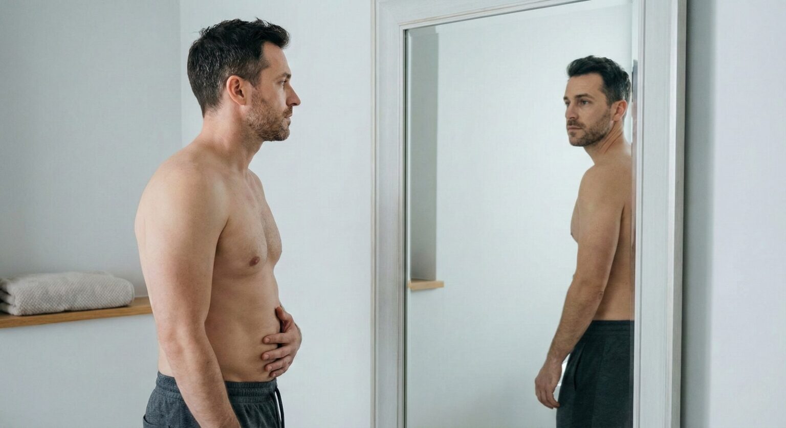 man noticing muscle loss in mirror