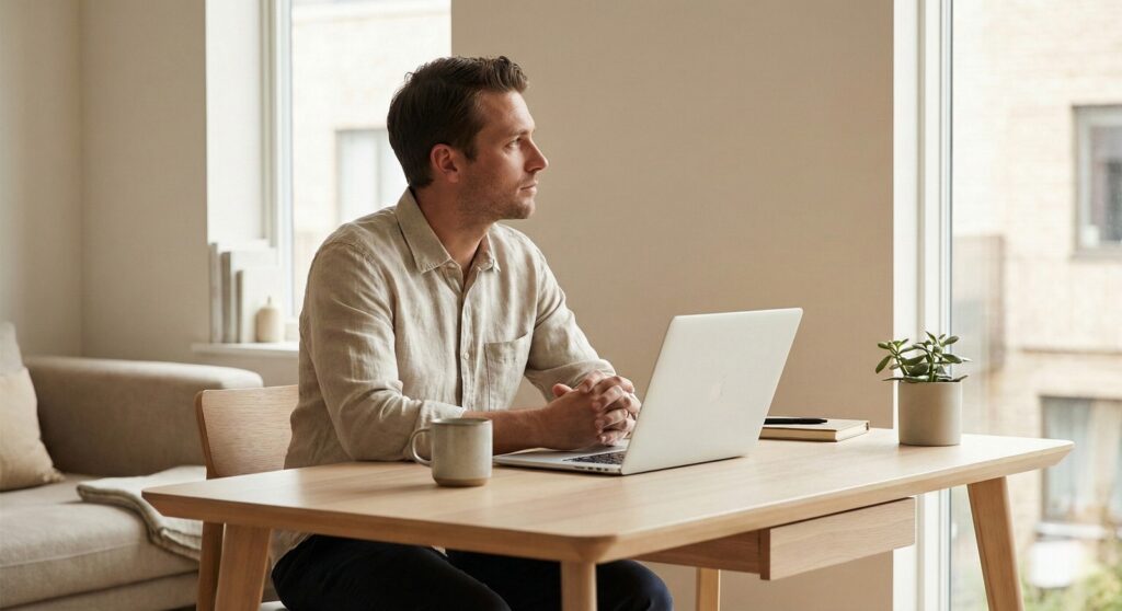 man feeling low motivation at laptop