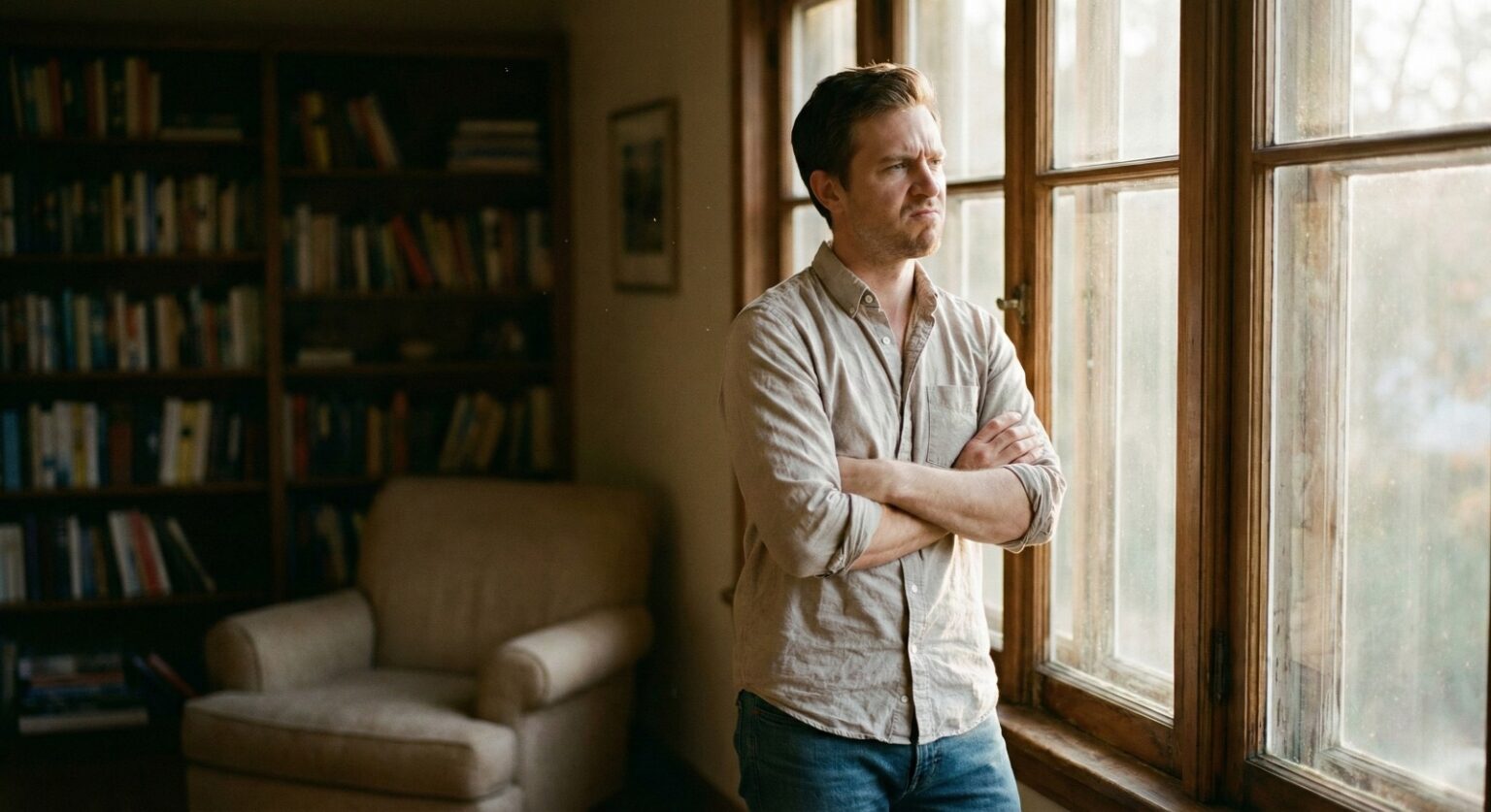 man standing stressed by window