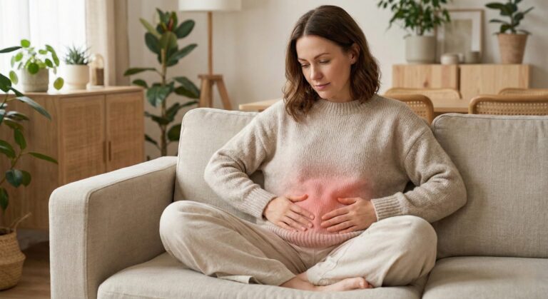 Woman experiencing period cramps and discomfort — period problems are not normal