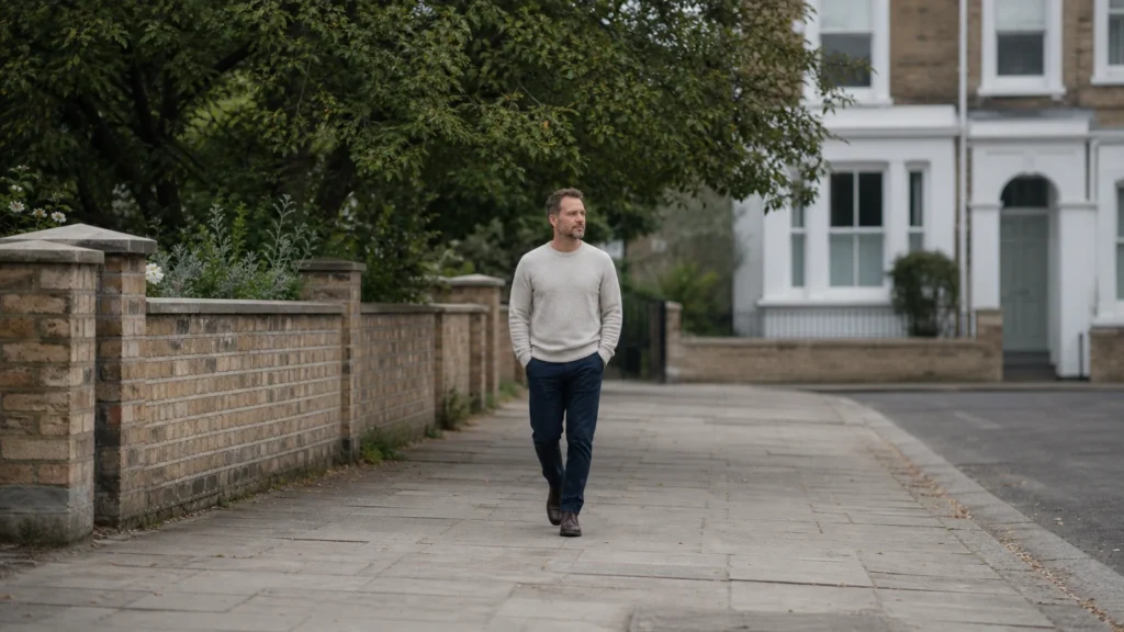 A man walking along a residential pavement past a low brick wall and trees.