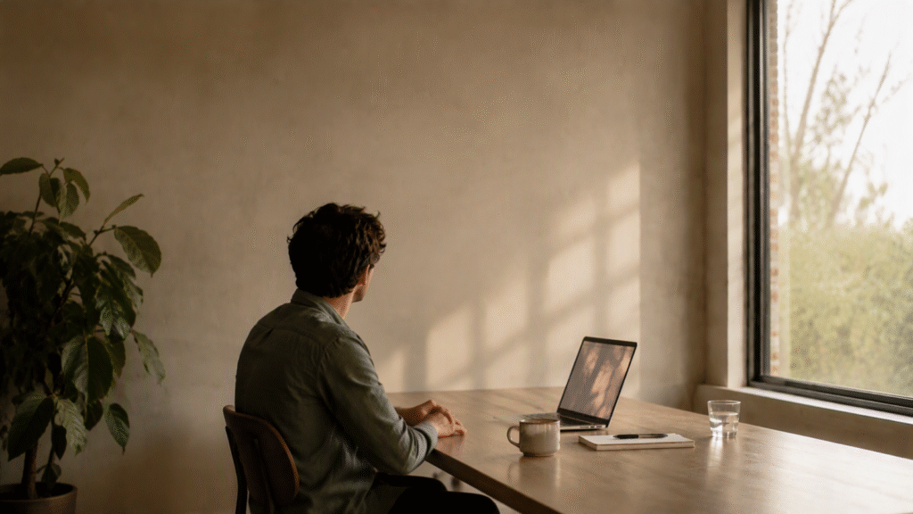 A man at a home-office desk in the soft light of the afternoon, easing back from his open laptop with both hands resting on the desk, a mug of coffee within reach.