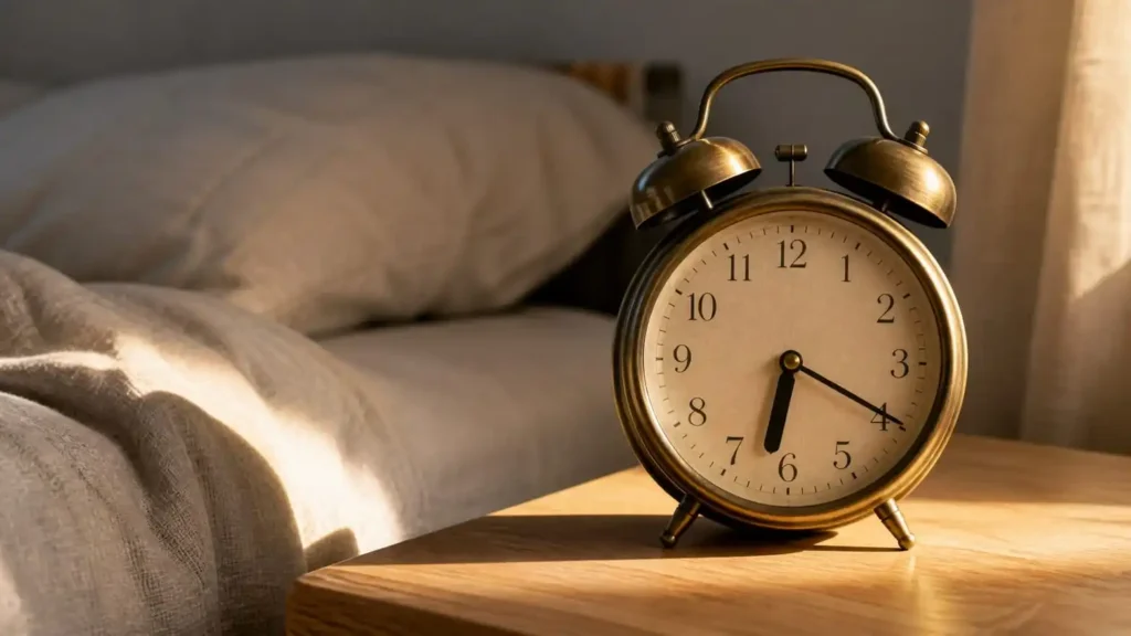 Close-up of a brass twin-bell alarm clock reading twenty past six on a bedside table, lit by a low band of dawn light, with linen bedding behind