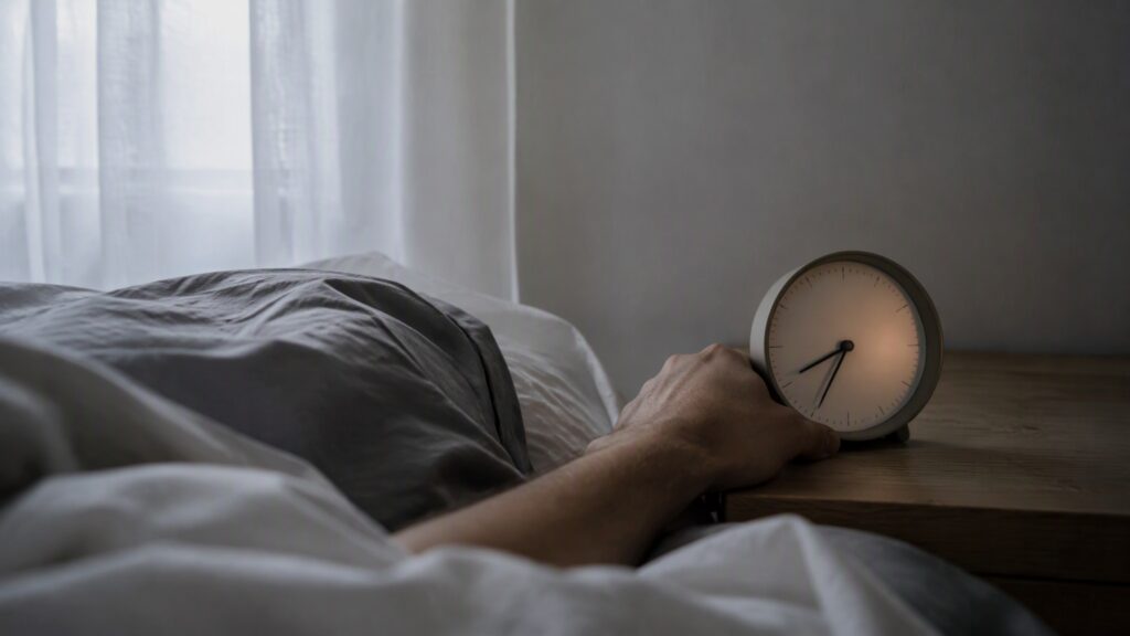 A hand reaching out from under a duvet to silence an alarm clock in dim early-morning light.